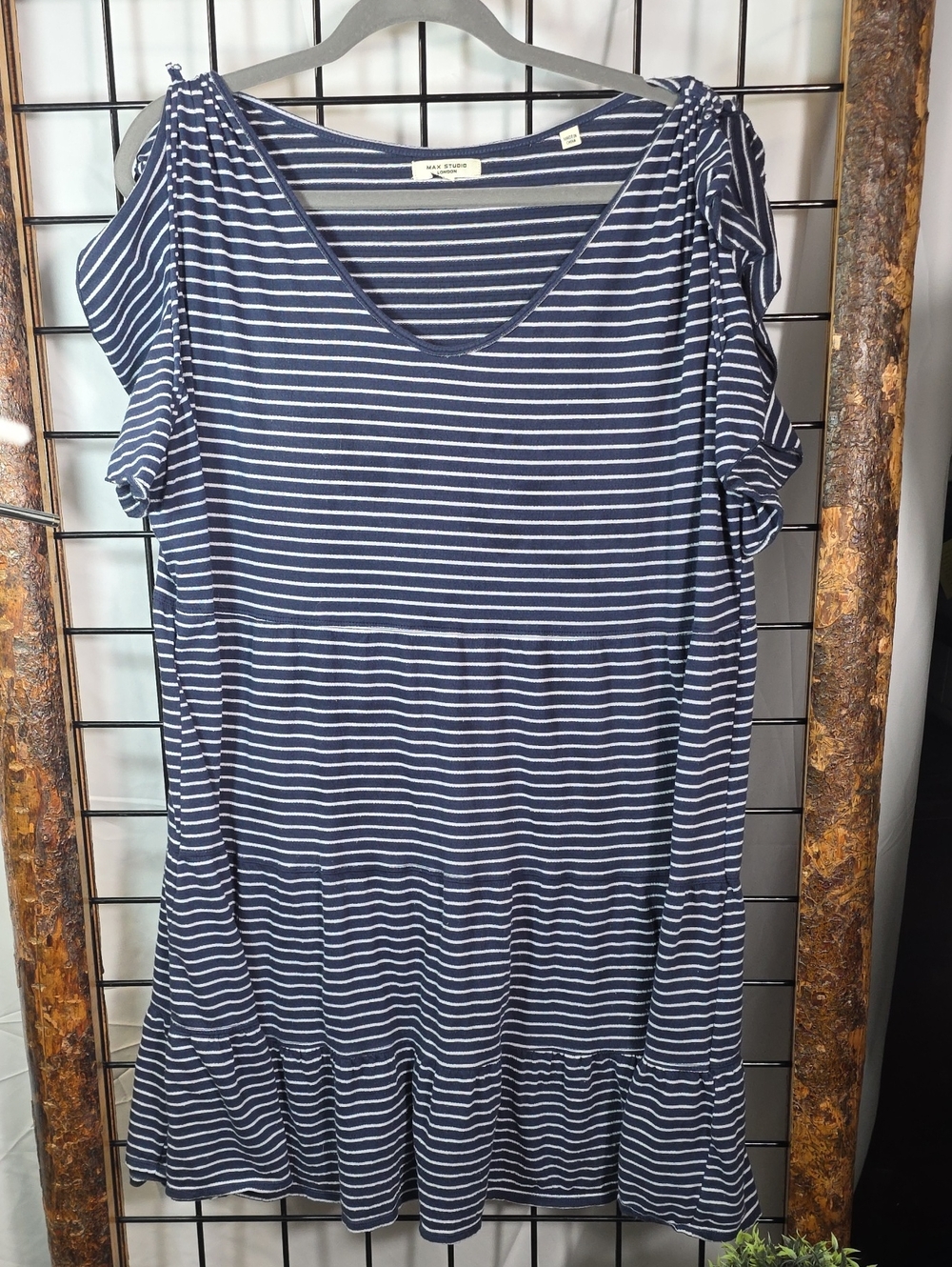 Max Studio Navy & White Striped Cold-Shoulder Midi Dress